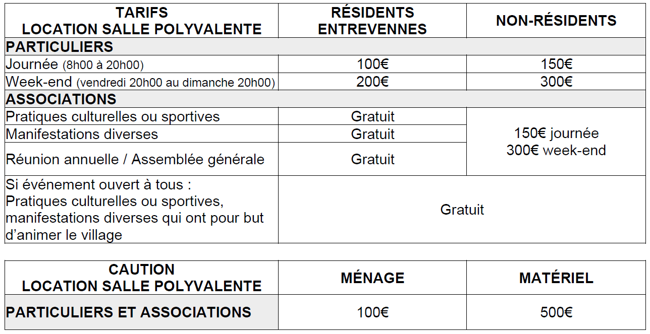 Tarifs location salle polyvalente